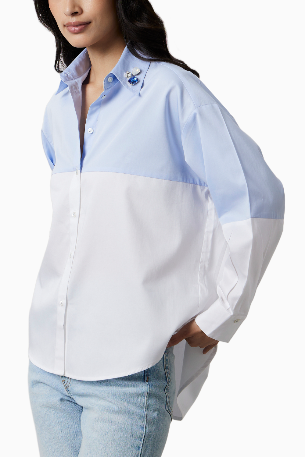 Sky Blue Block Shirt with Swarovski Collar