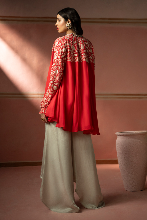 Watermelon Red Embellished Top with Satin Farshi and Bandeau