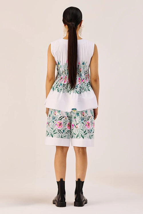 White Floral Peplum Top And Shorts Set