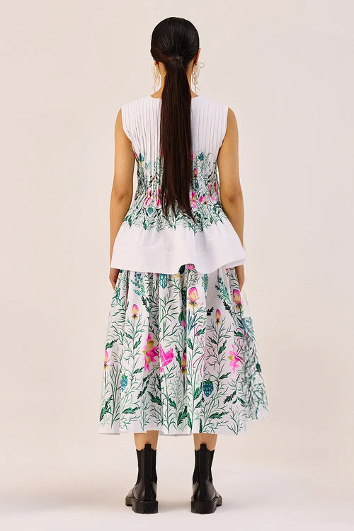 White Floral Peplum Top And Midi Skirt Set