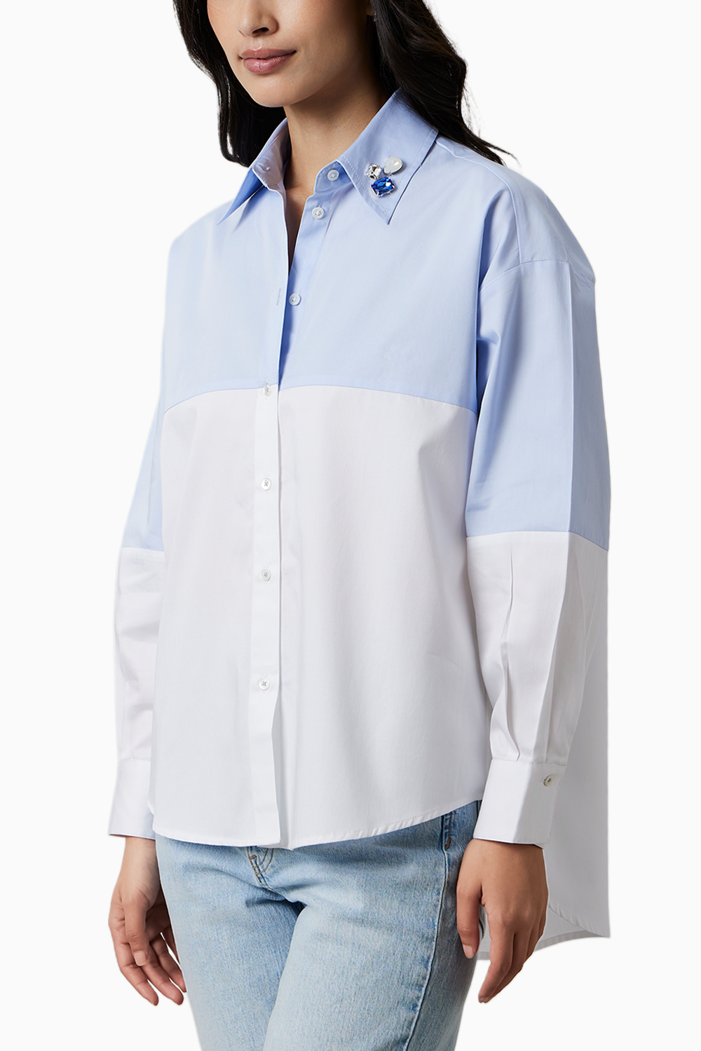 Sky Blue Block Shirt with Swarovski Collar