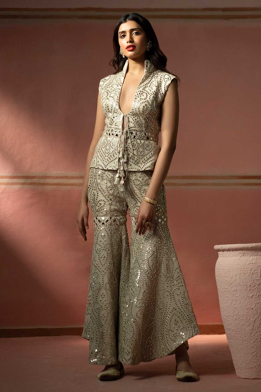 Silver Peplum Top with Embellished Belt and Asymetrical Sharara