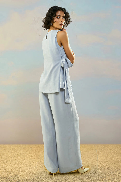 Mist Blue Textured Wide-Legged Pant