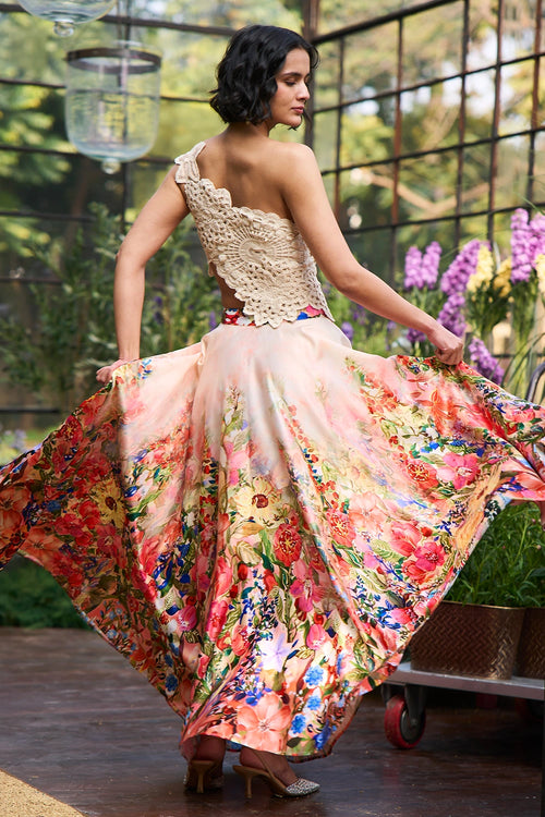 Hand Appliqué Lace Embroidered Top And Skirt Set