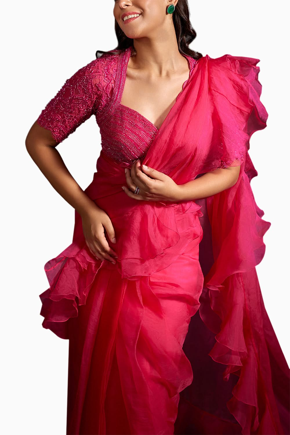 Fuchsia Pink Bobby Embellished Saree