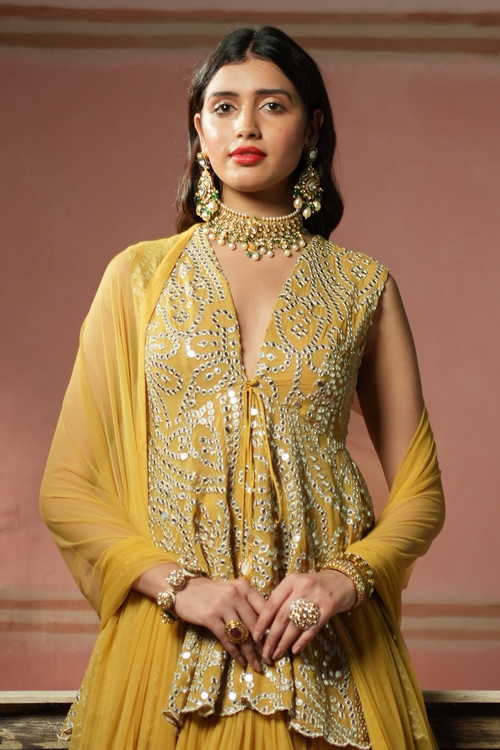 Golden Yellow Mirrorwork High-Low Lehanga Set