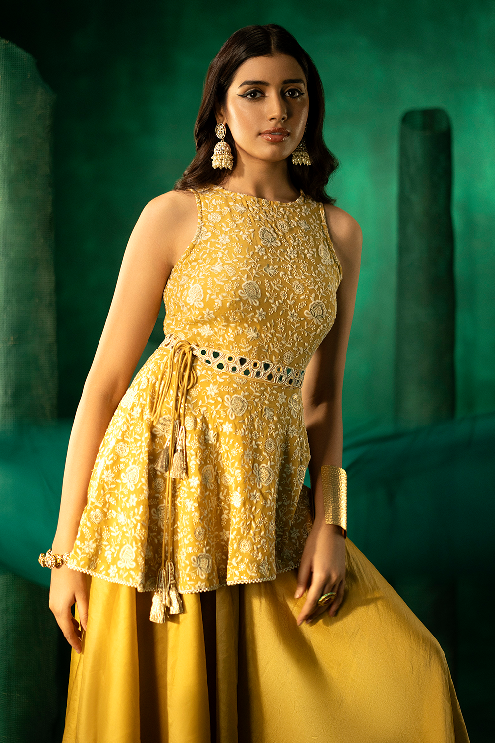 Yellow Hi Low Peplum Top with Flared Sharara and Embellished Belt