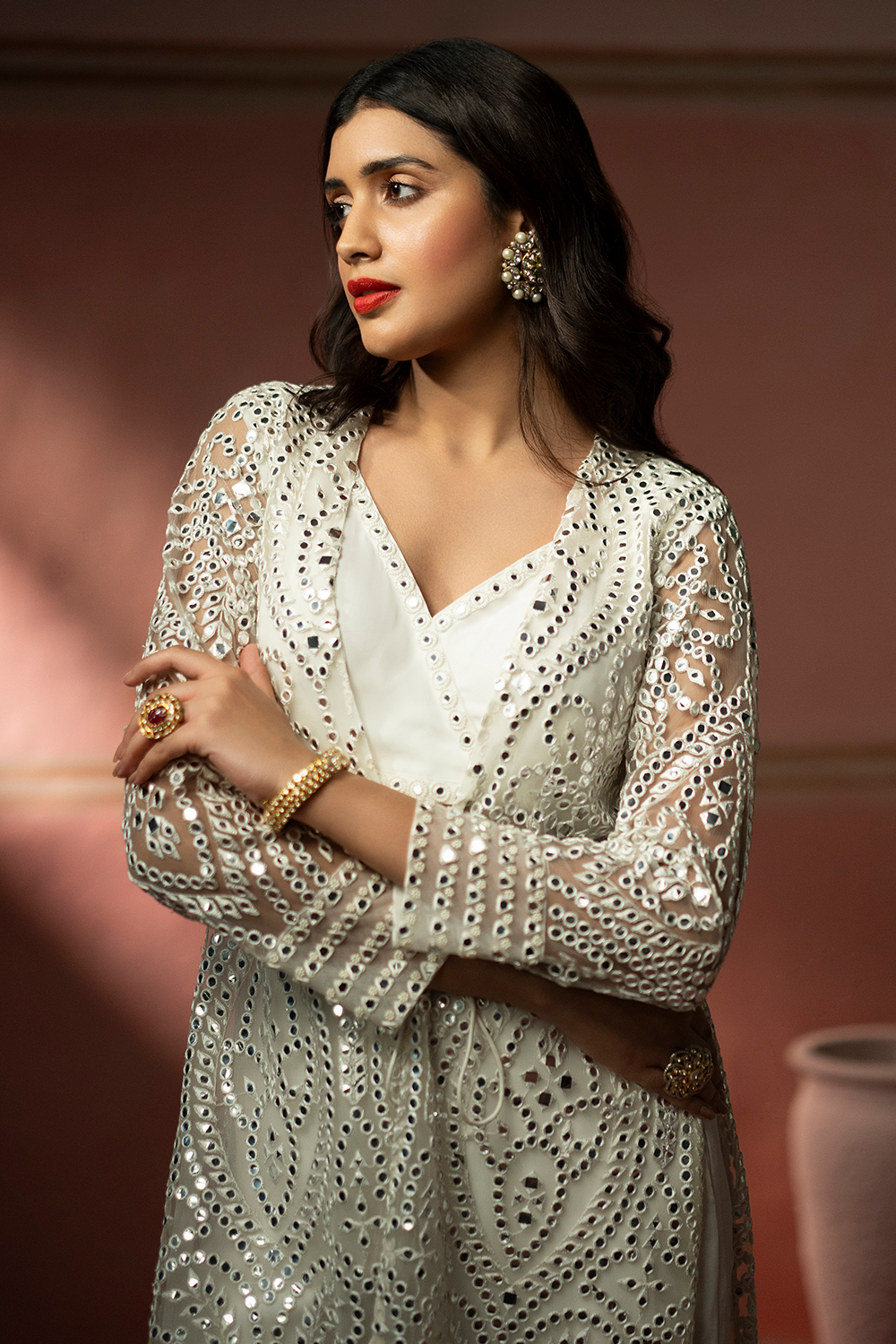 White Embellished Tassle Jacket with Inner and Georgette Palazzos