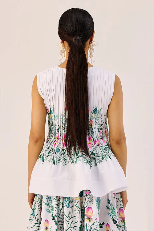 White Floral Print Cotton Peplum Top
