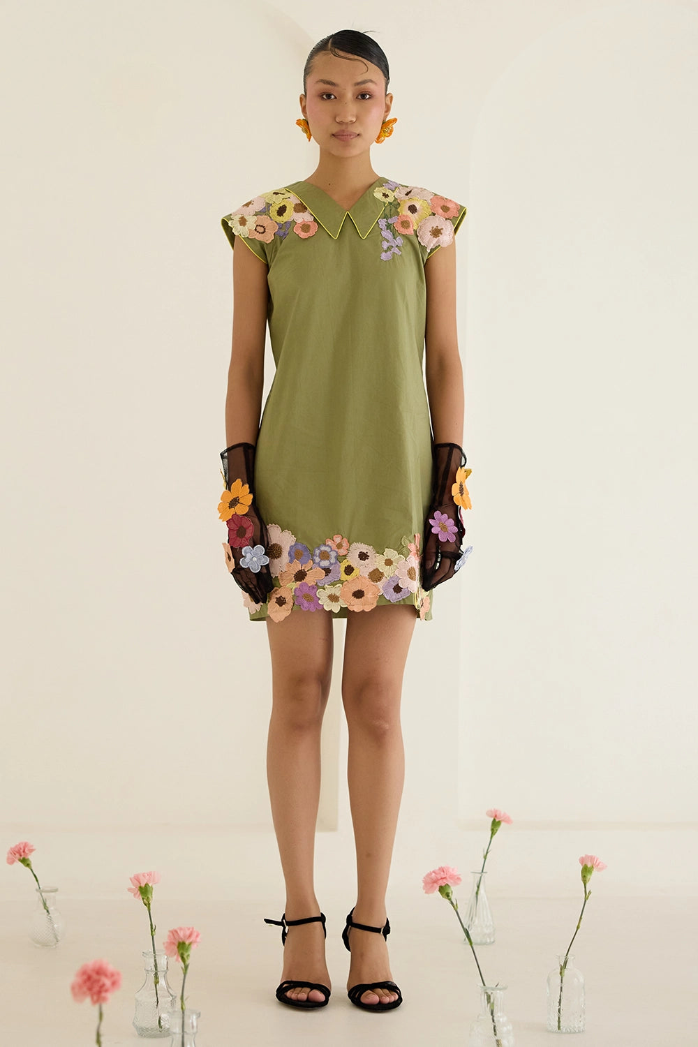 Green Floral Dress Without Sleeves