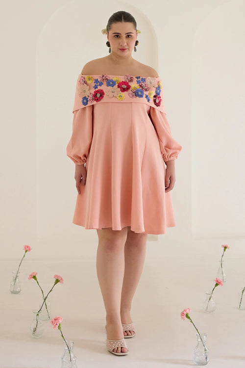 Peach Tube Floral Dress With Sleeves