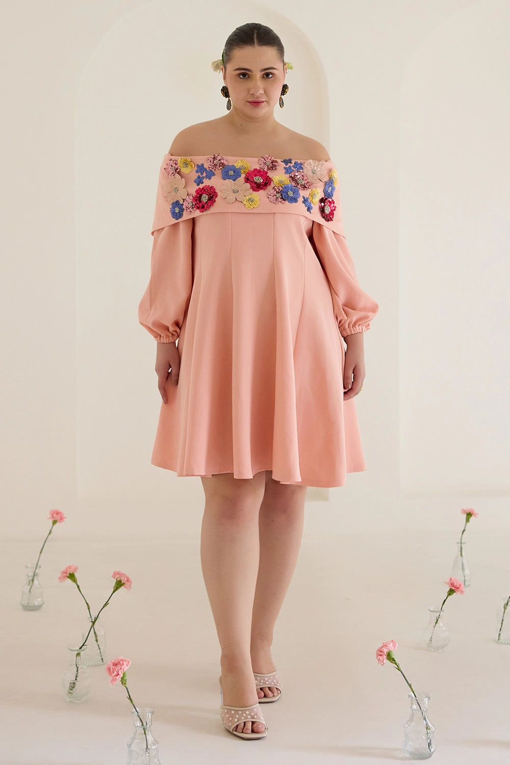 Peach Tube Floral Dress With Sleeves