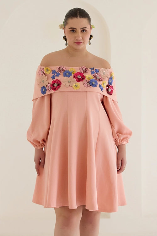 Peach Tube Floral Dress With Sleeves