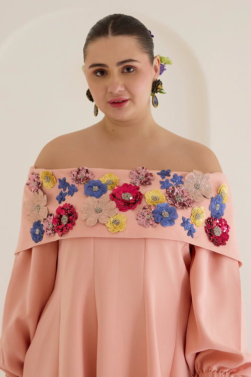 Peach Tube Floral Dress With Sleeves