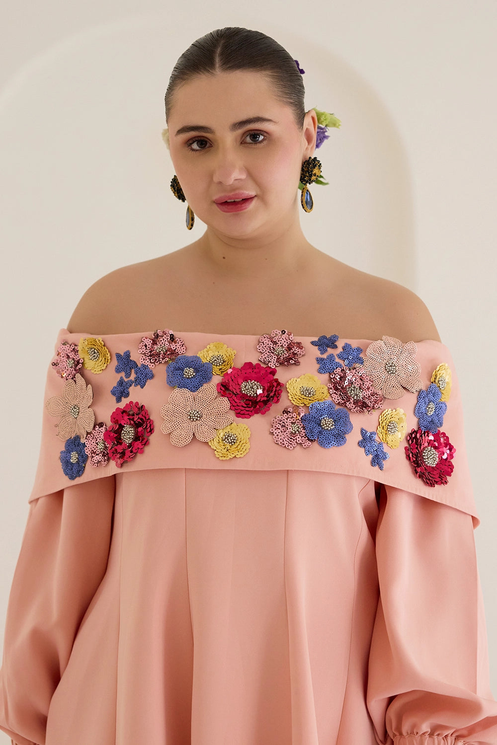 Peach Tube Floral Dress With Sleeves