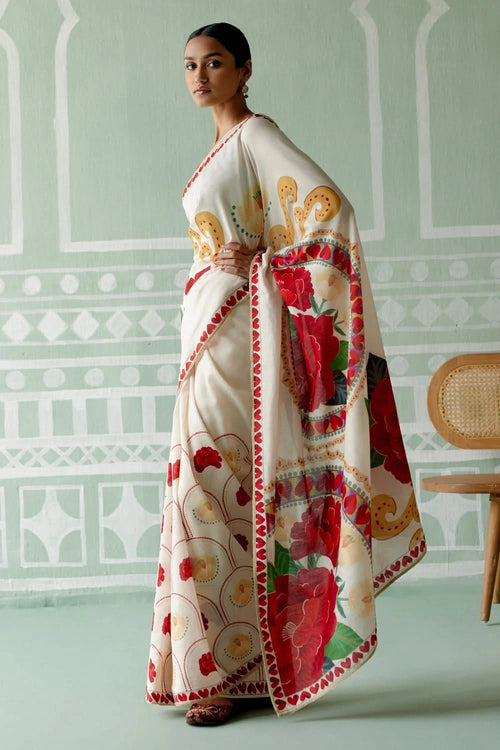 Ecru and Red Rose Saree