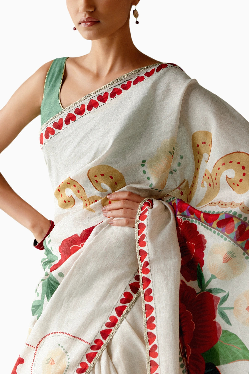 Ecru and Red Rose Saree