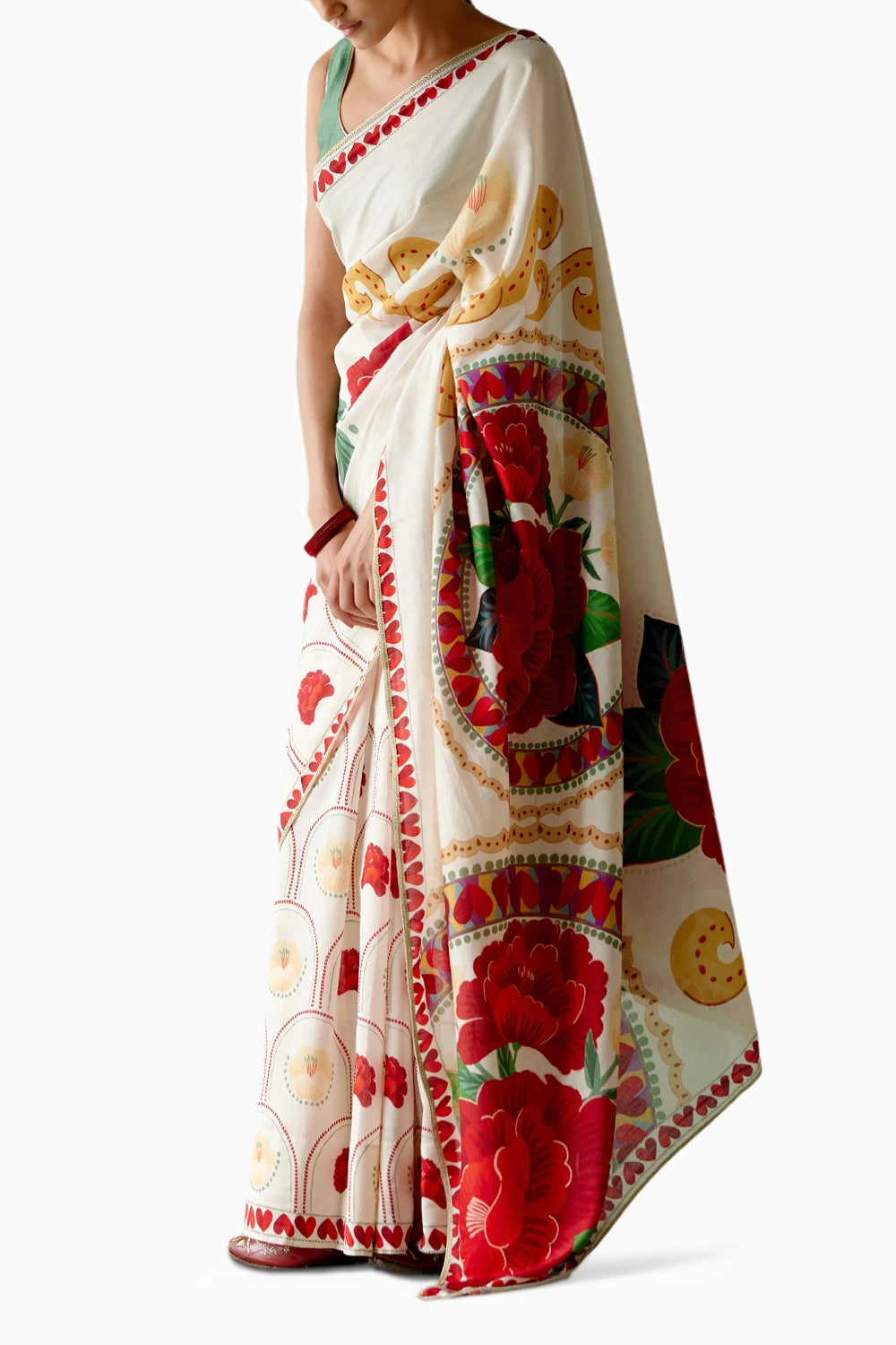 Ecru and Red Rose Saree