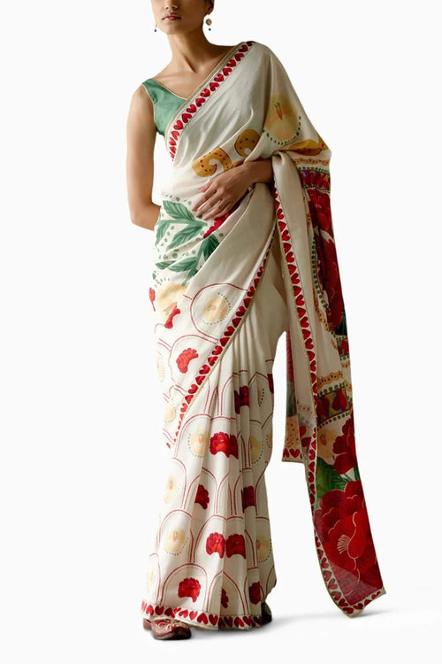 Ecru and Red Rose Saree