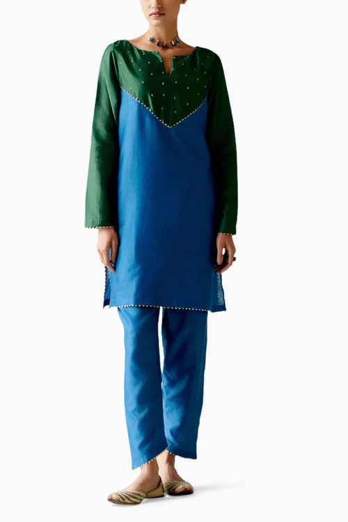 Emerald and Navy Embroidered Kurta Set