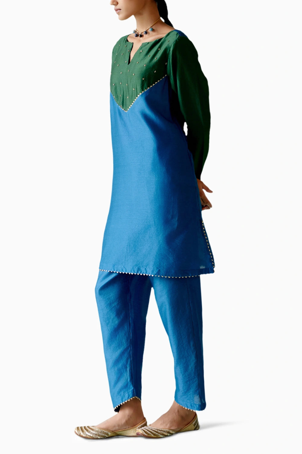 Emerald and Navy Embroidered Kurta Set