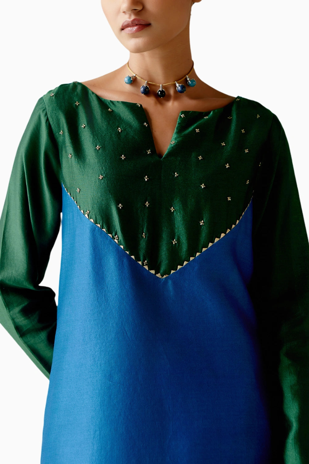 Emerald and Navy Embroidered Kurta Set