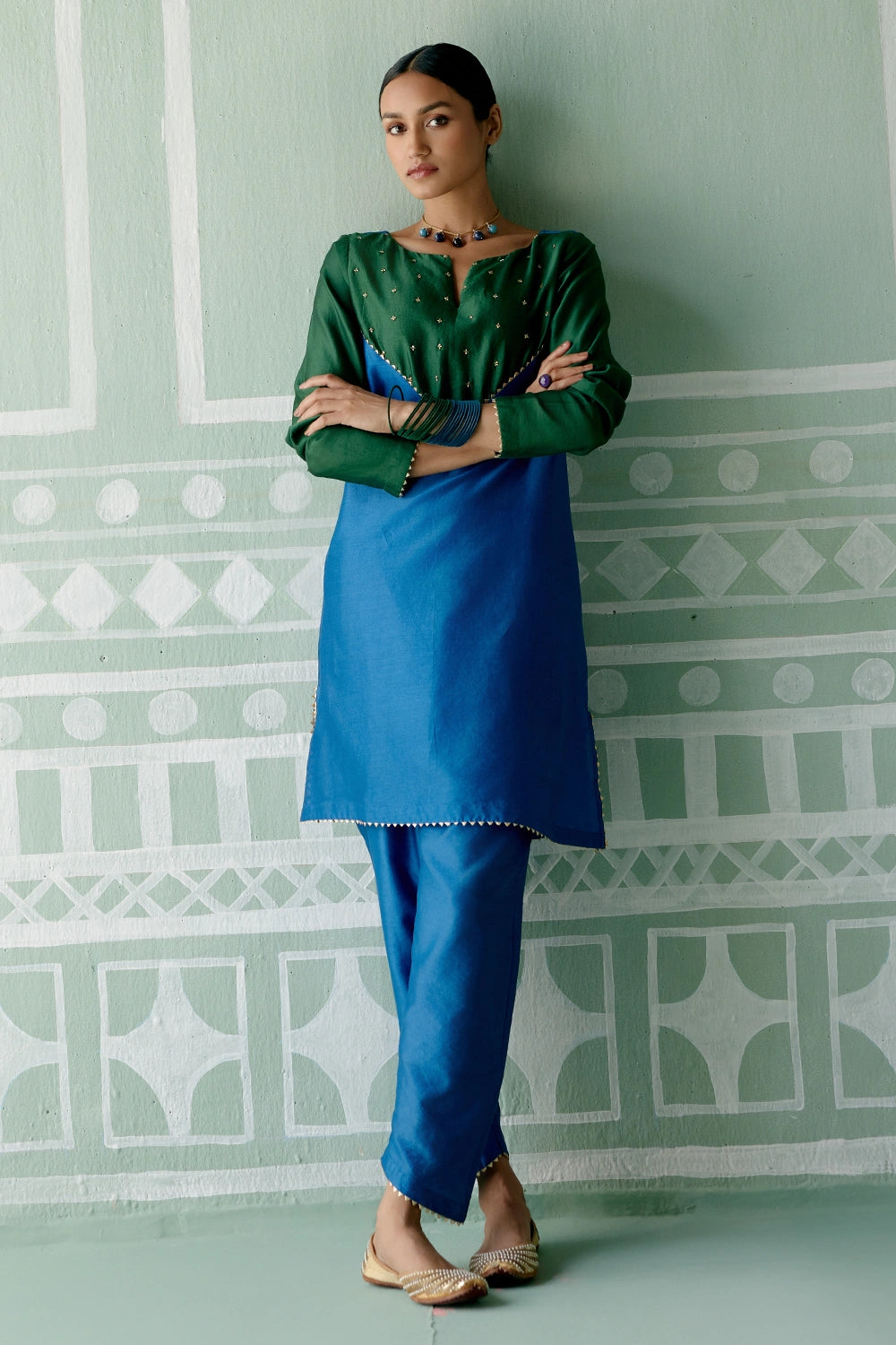 Emerald and Navy Embroidered Kurta Set