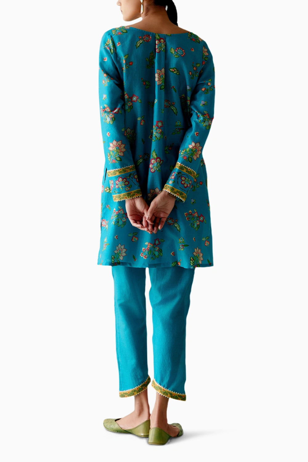 Turquoise and Mustard Floral Kurta Set with Dupatta