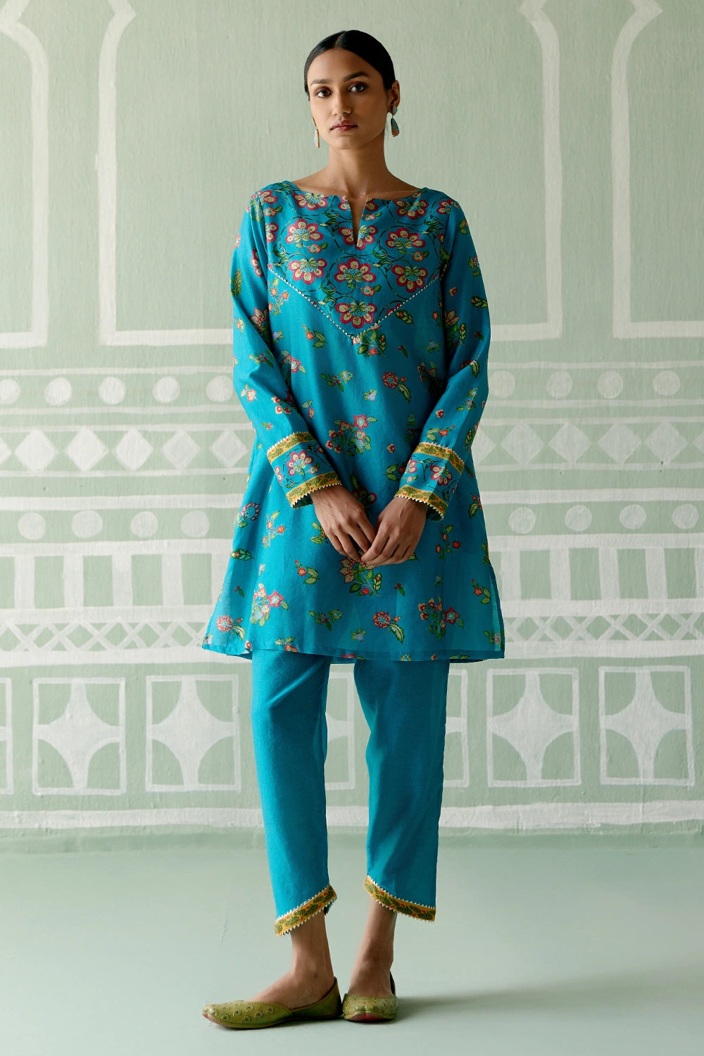 Turquoise and Mustard Floral Kurta Set with Dupatta