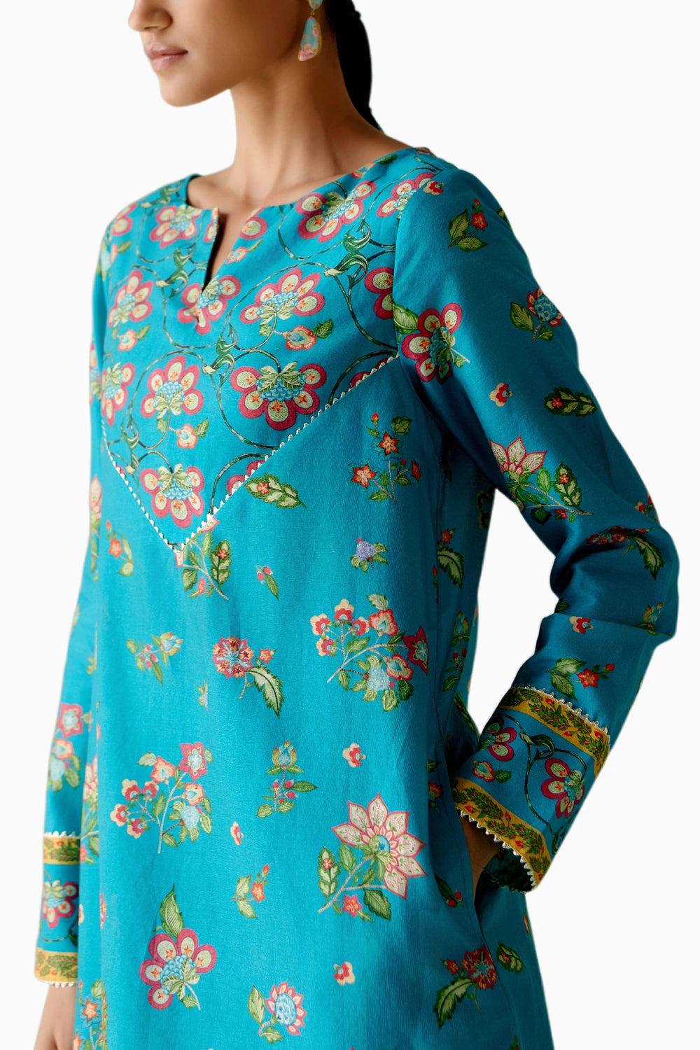 Turquoise and Mustard Floral Kurta Set with Dupatta