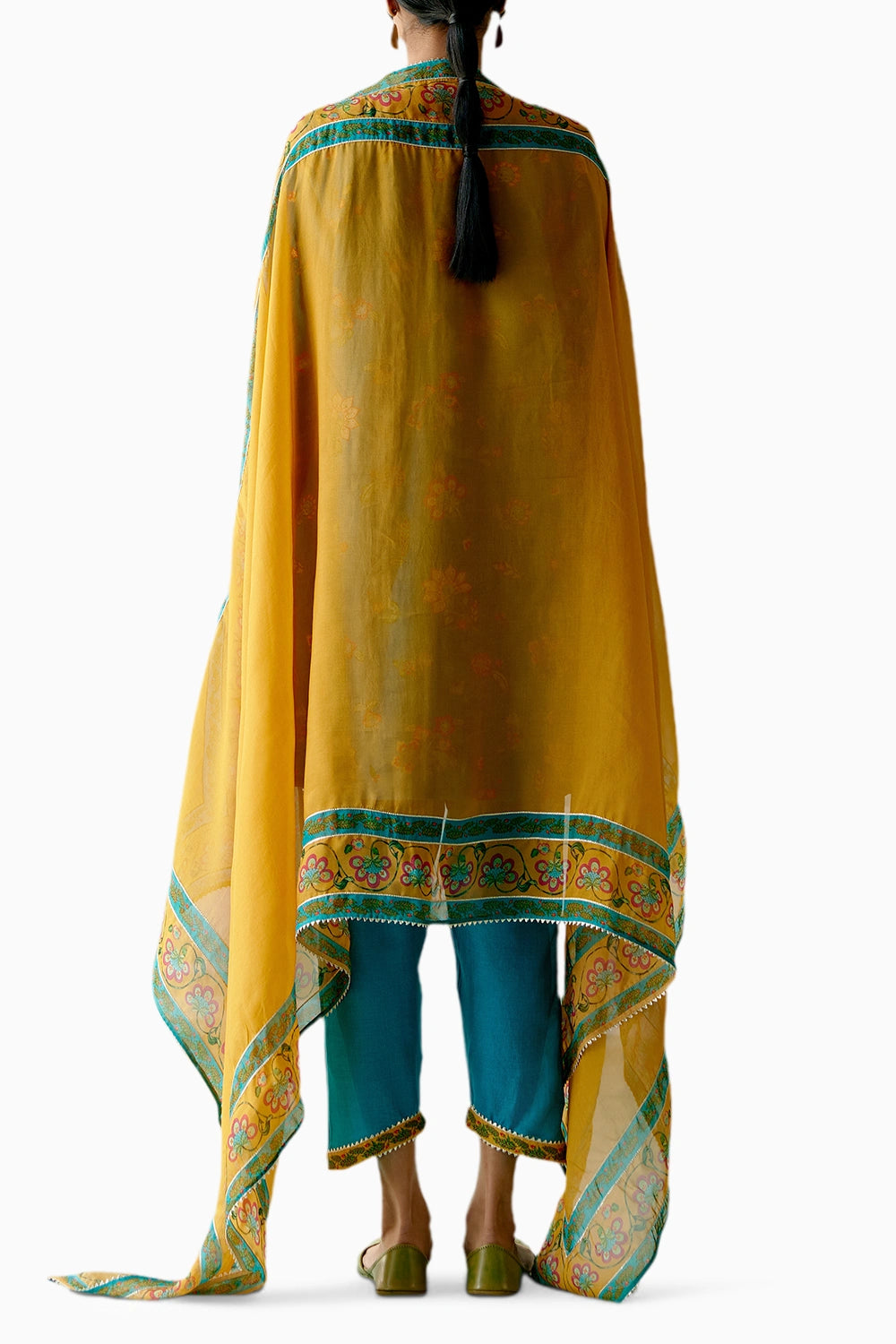 Turquoise and Mustard Floral Kurta Set with Dupatta