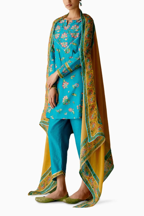 Turquoise and Mustard Floral Kurta Set with Dupatta