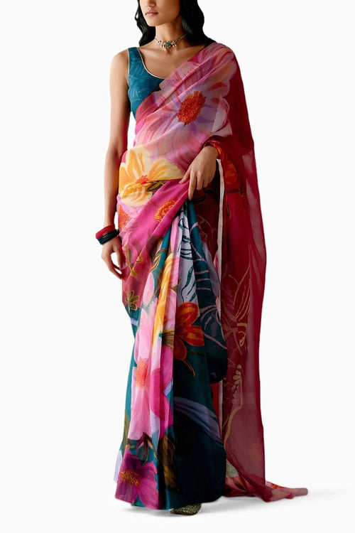 Teal and Fuschia Floral Saree