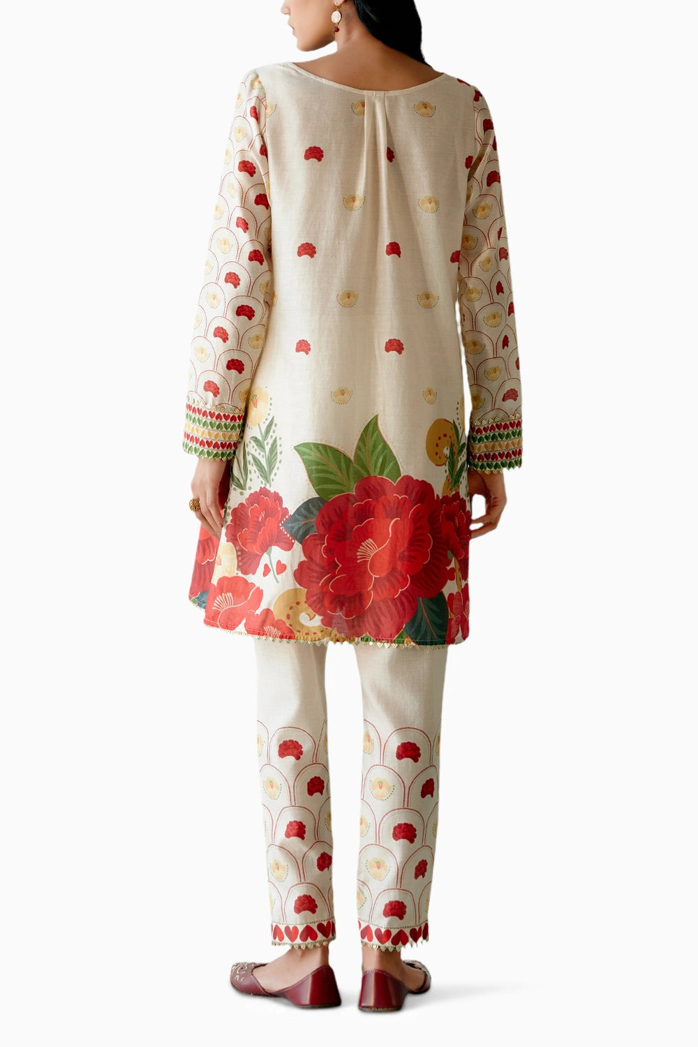 Ecru and Red Rose Kurta Set