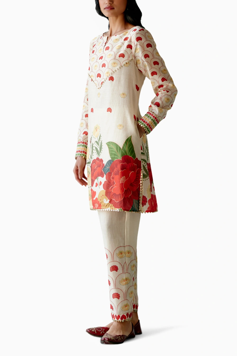 Ecru and Red Rose Kurta Set