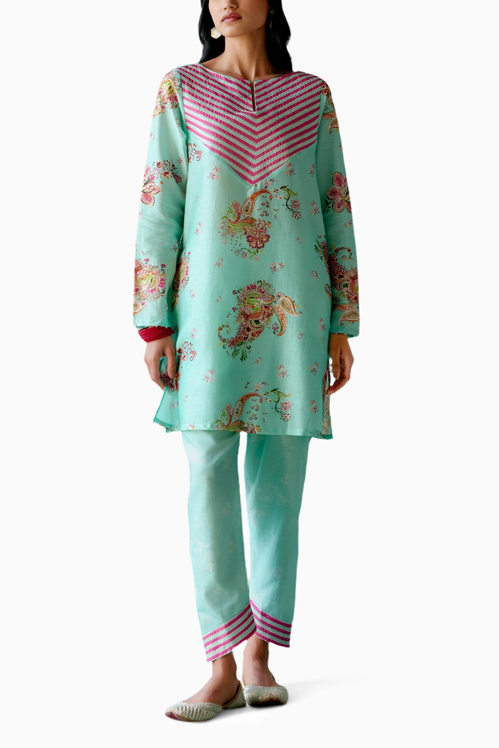 Mint and Fuschia Paisley Kurta Set with Dupatta