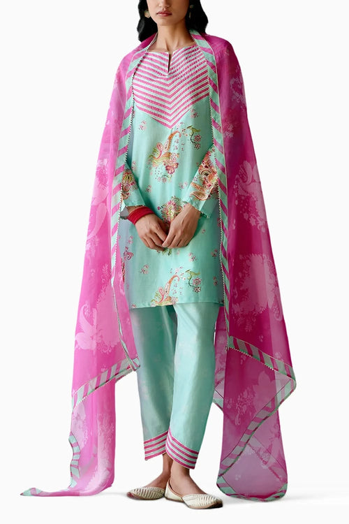 Mint and Fuschia Paisley Kurta Set with Dupatta