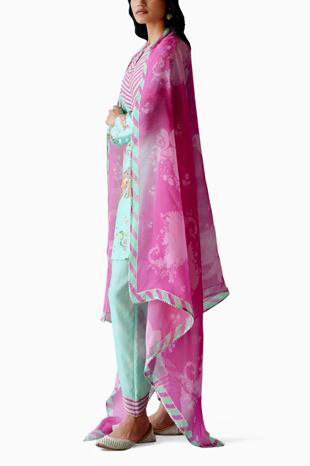 Mint and Fuschia Paisley Kurta Set with Dupatta