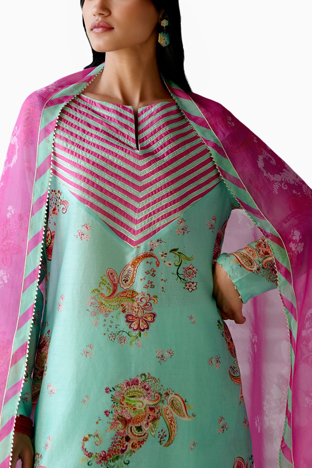 Mint and Fuschia Paisley Kurta Set with Dupatta