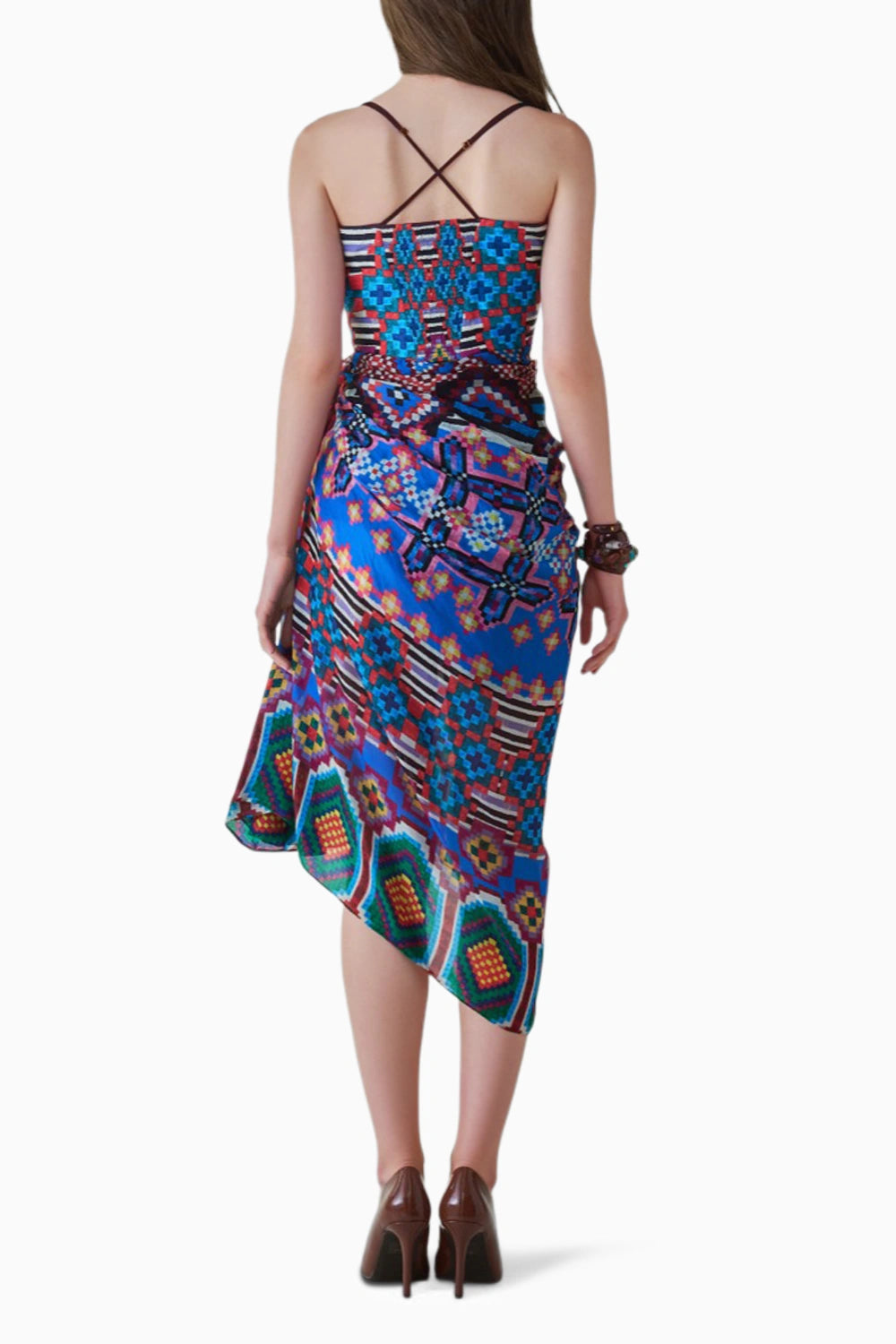 Dolly Ikat Print Side Draped Midi Dress