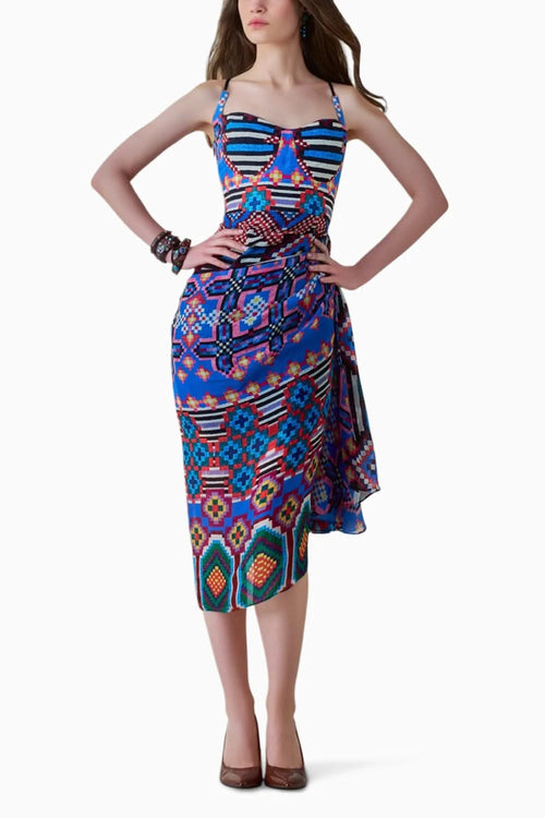 Dolly Ikat Print Side Draped Midi Dress