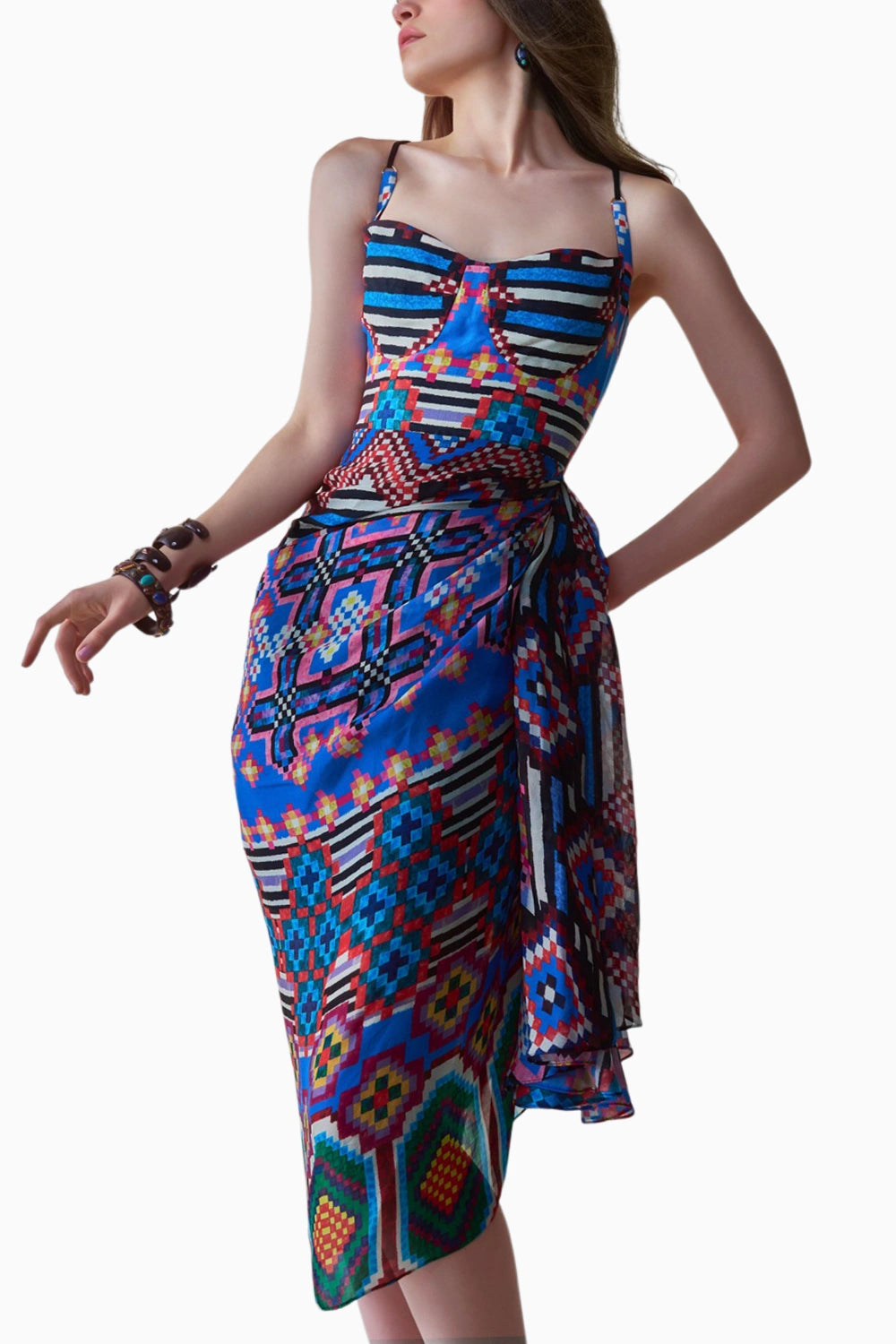 Dolly Ikat Print Side Draped Midi Dress