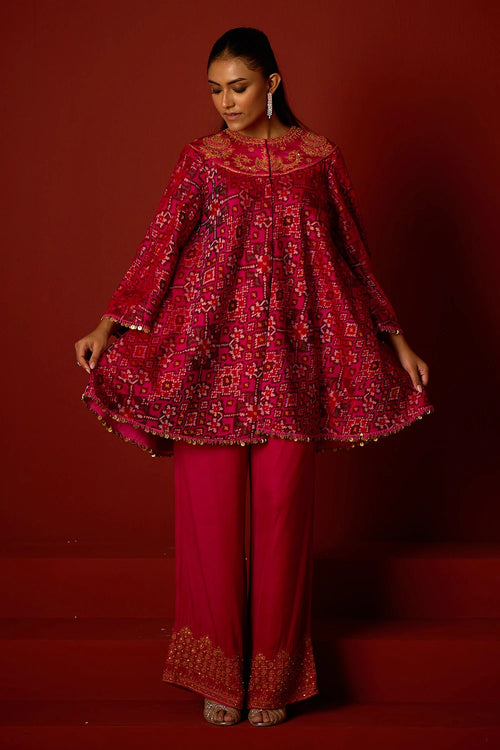 Rani Pink Marodiwork Anarkali Tunic with Pallazos