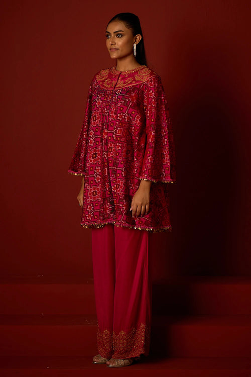Rani Pink Marodiwork Anarkali Tunic with Pallazos