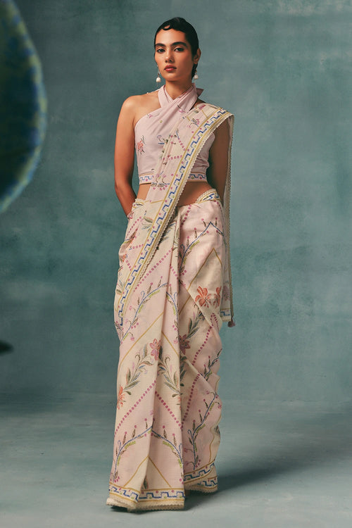 Pink Hibiscus Colorblock Saree