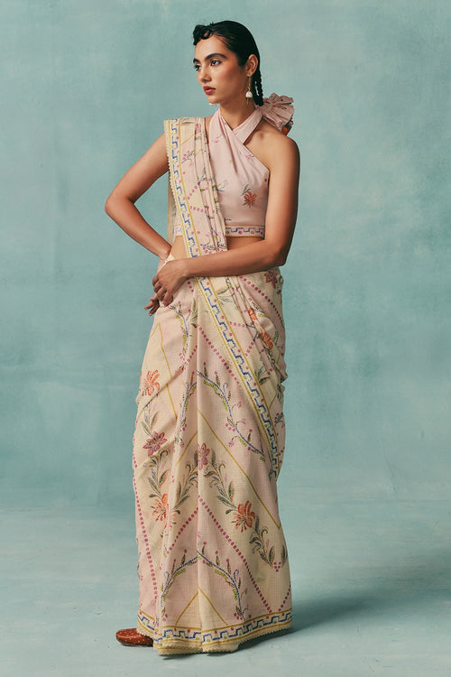 Pink Hibiscus Colorblock Saree