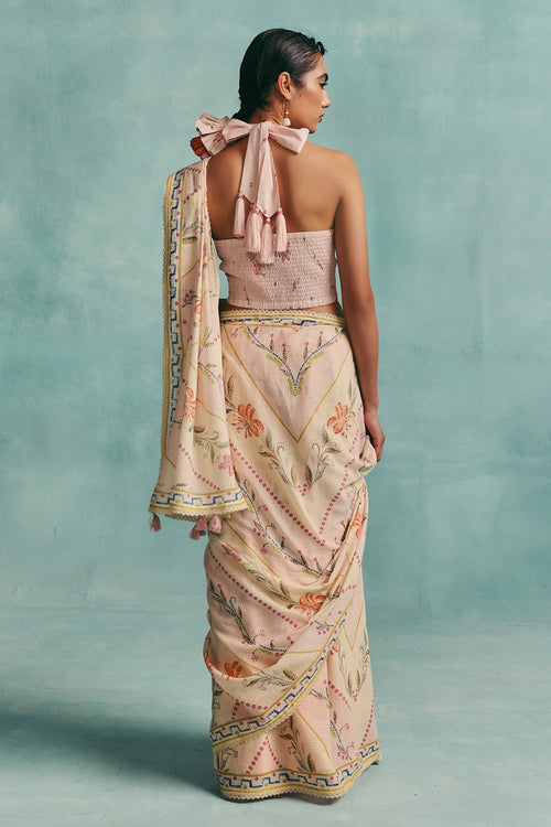 Pink Hibiscus Colorblock Saree