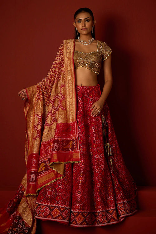 Red Patola Lehanga with Gold Embellished Blouse and Dupatta