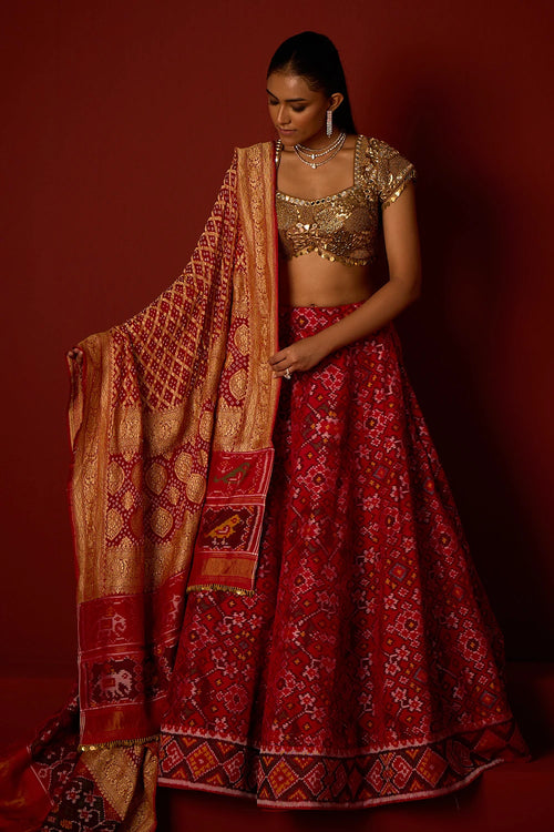 Red Patola Lehanga with Gold Embellished Blouse and Dupatta