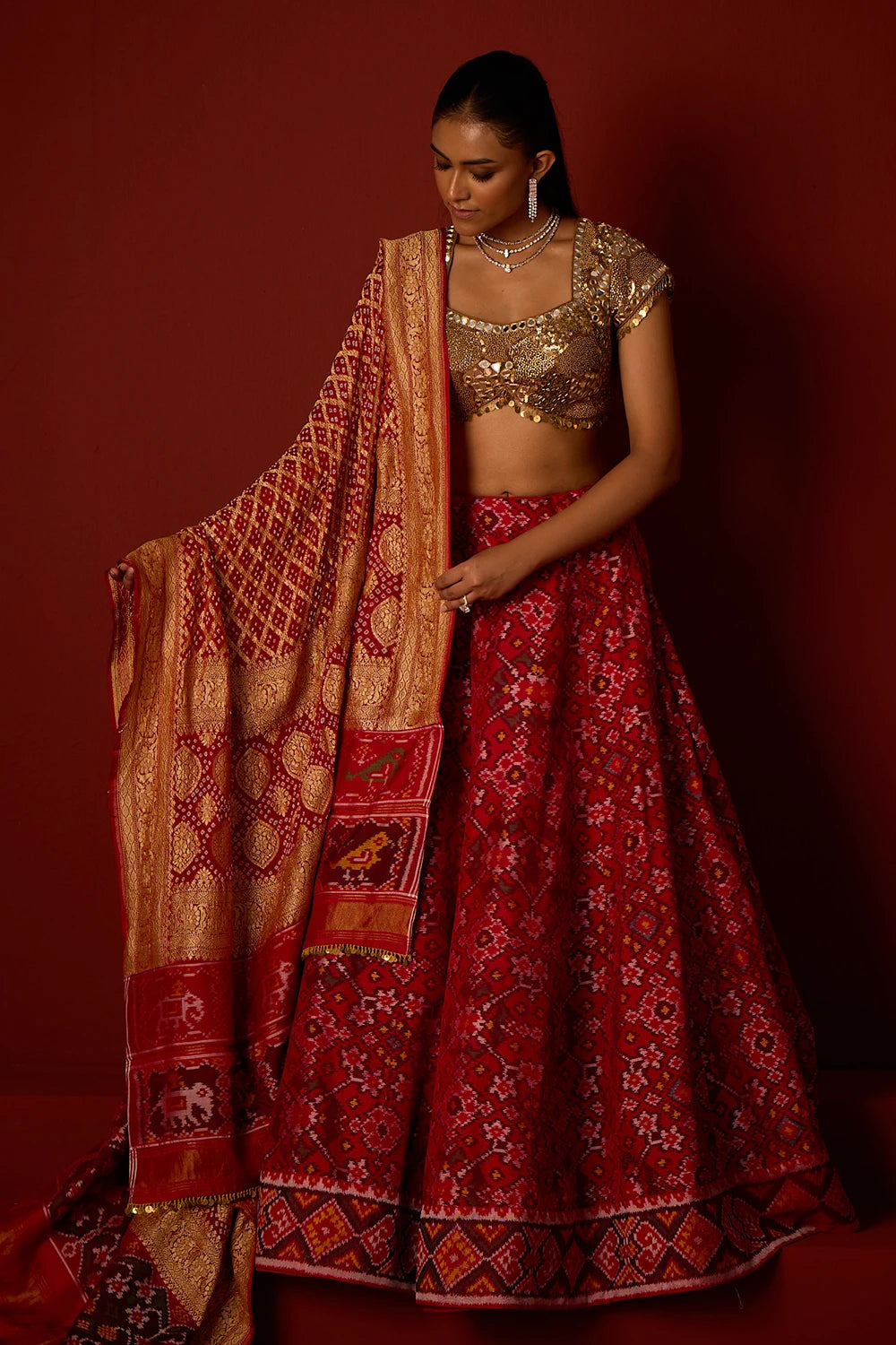 Red Patola Lehanga with Gold Embellished Blouse and Dupatta